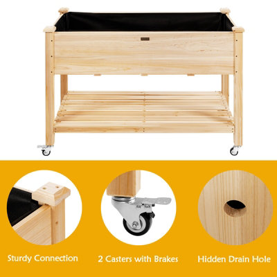 Costway Raised Garden Bed Wood Elevated Planter Bed w/Lockable Wheels Shelf & Liner - 6