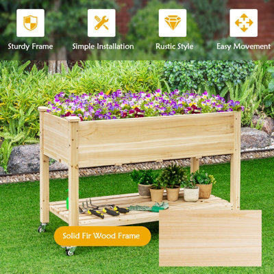 Costway Raised Garden Bed Wood Elevated Planter Bed w/Lockable Wheels Shelf & Liner - 7