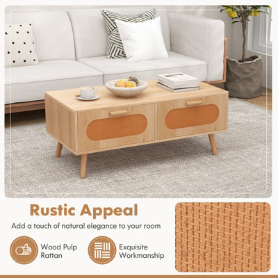 COSTWAY Rattan Coffee Table Rectangular Center Table with 2 Storage Drawers