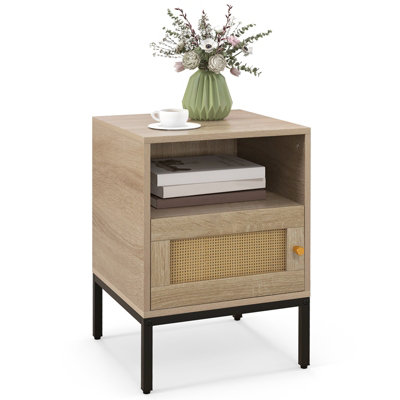 Costway Rattan Door Bedside Table Compact Nightstand Boho Style End Side Table