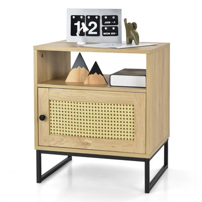 Costway Rattan Effect Nightstand Wooden Side Table Bedside Table w/ Shelf & Cabinet