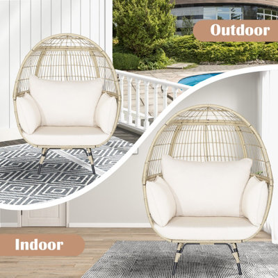 Costway Rattan Egg Chair Oversized Lounger Indoor Outdoor Wicker Chair with 4 Cushions