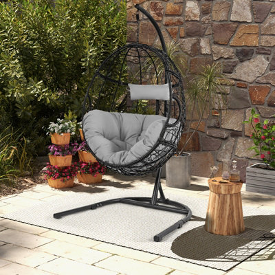 Costway Rattan Egg Swing Chair w/ Stand Indoor Outdoor Hanging Basket Chair - 3