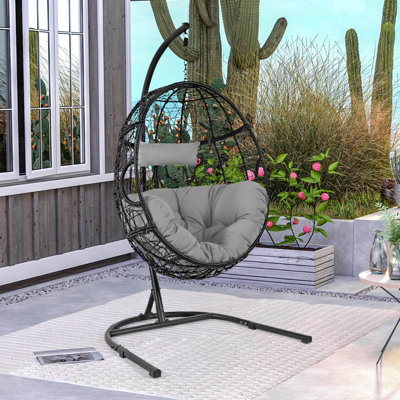 Costway Rattan Egg Swing Chair w/ Stand Indoor Outdoor Hanging Basket Chair - 4