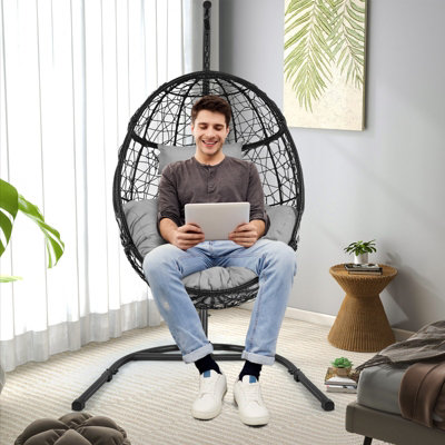 Costway Rattan Egg Swing Chair w/ Stand Indoor Outdoor Hanging Basket Chair - 5