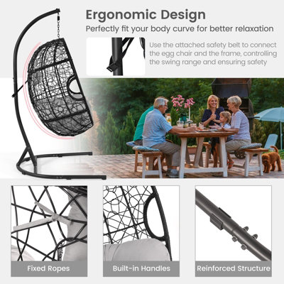 Costway Rattan Egg Swing Chair w/ Stand Indoor Outdoor Hanging Basket Chair - 6