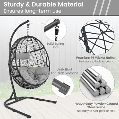 Costway Rattan Egg Swing Chair w/ Stand Indoor Outdoor Hanging Basket Chair - 8