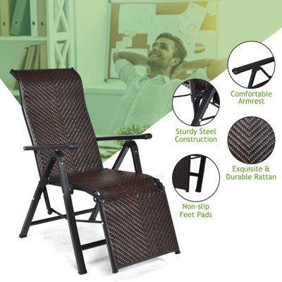 Costway Rattan Folding Reclining Chair Adjustable Position Zero Gravity Sunlounger - 8