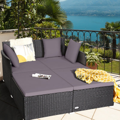 Costway Rattan Garden Daybed Furniture Set Patio Sun Bed 2 Seater Lounger with Cushions - 4