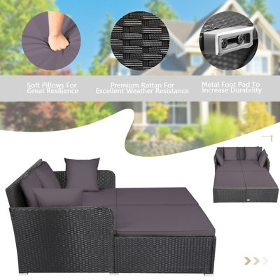 Costway Rattan Garden Daybed Furniture Set Patio Sun Bed 2 Seater Lounger with Cushions - 6