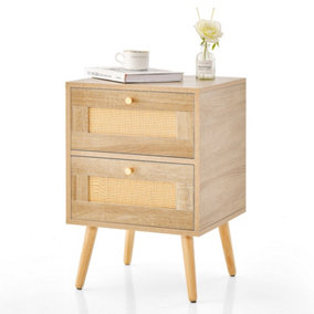 Costway Rattan Nightstand Accent Bedside Table Modern End Table W/ 2 Storage Drawers