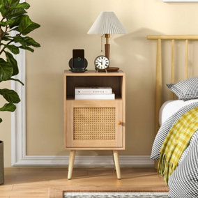 Costway Rattan Nightstand Bedside Table Wooden End Table w/ Storage Cabinet