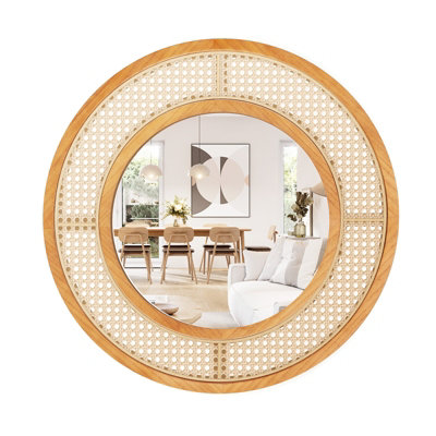 COSTWAY Rattan Round Wall Mirror 65 cm Wooden Framed Mirror with Aluminum Glass