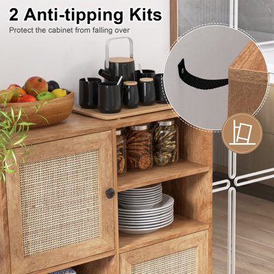 Rattan Buffet Sideboard Accent Storage Cabinet Coffee Bar Cabinet Doors Cubbies Natural