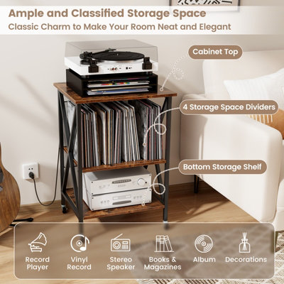 COSTWAY Record Player Stand Side Table with Charging Station
