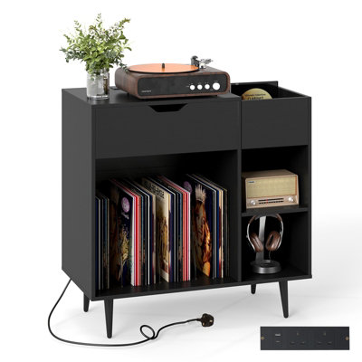 COSTWAY Record Player Stand Wooden Turntable End Table with Built-In ...