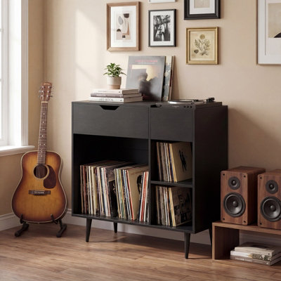 COSTWAY Record Player Stand Wooden Turntable End Table with Built-In ...