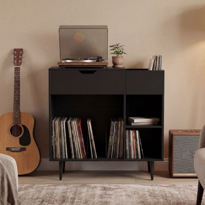 COSTWAY Record Player Stand Wooden Turntable End Table with Built-In ...