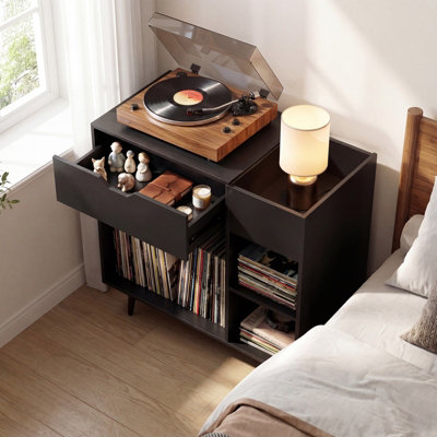 COSTWAY Record Player Stand Wooden Turntable End Table with Built-In ...