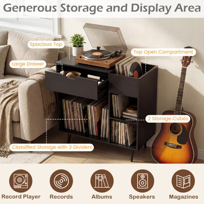 COSTWAY Record Player Stand Wooden Turntable End Table with Built-In ...
