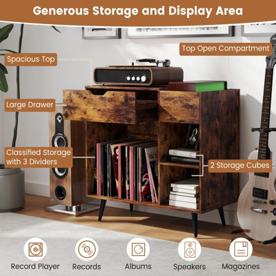 COSTWAY Record Player Stand Wooden Turntable End Table with Built-In ...