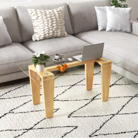 Costway Rectangle Coffee Table Modern Center Table w/ Tempered Glass Top & Rubber Wood Legs