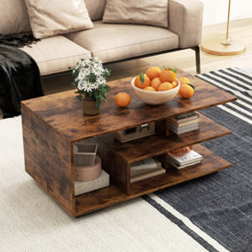 Costway Retro Rectangular Center Table Wooden Coffee Table w/ L-shaped Middle Shelf
