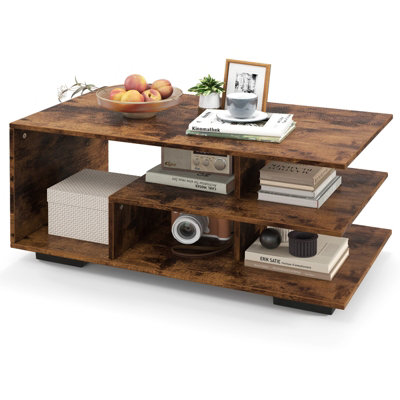 Costway Retro Rectangular Center Table Wooden Coffee Table w/ L-shaped Middle Shelf