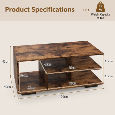 Costway Retro Rectangular Center Table Wooden Coffee Table w/ L-shaped Middle Shelf
