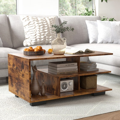 Costway Retro Rectangular Center Table Wooden Coffee Table w/ L-shaped Middle Shelf
