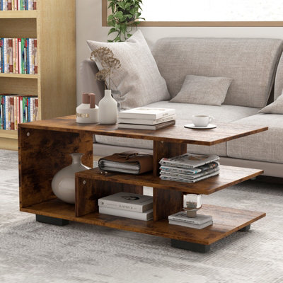 Costway Retro Rectangular Center Table Wooden Coffee Table w/ L-shaped Middle Shelf