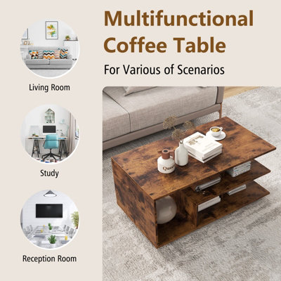 Costway Retro Rectangular Center Table Wooden Coffee Table w/ L-shaped Middle Shelf
