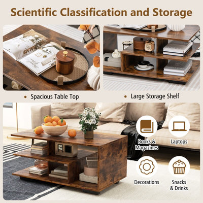 Costway Retro Rectangular Center Table Wooden Coffee Table w/ L-shaped Middle Shelf