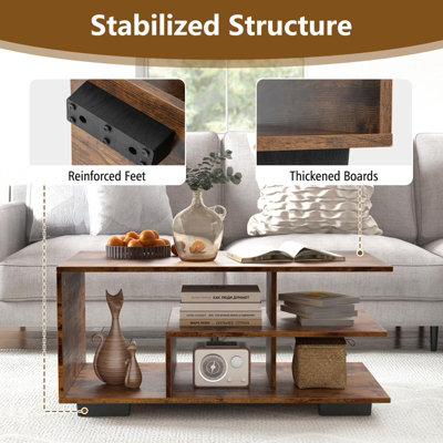 Costway Retro Rectangular Center Table Wooden Coffee Table w/ L-shaped Middle Shelf