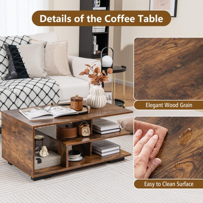 Costway Retro Rectangular Center Table Wooden Coffee Table w/ L-shaped Middle Shelf