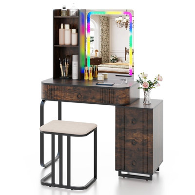 COSTWAY RGB Vanity Table Set Bedroom Dressing Table w/ Mirror & Lights ...