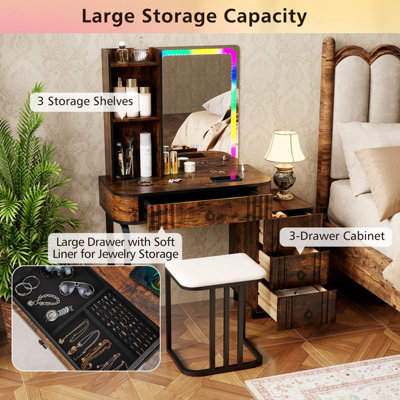 COSTWAY RGB Vanity Table Set Bedroom Dressing Table w/ Mirror & Lights ...