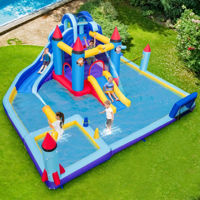 Costway Rocket Theme Inflatable Water Slide Park Kids Inflatable Jumping Castle with 2 Slides Splash Pool Jumping Area