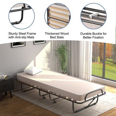 Rollaway Folding Metal Bed With Memory Foam Mattress – Guest Cot Made In Italy, Space-Saving White Frame