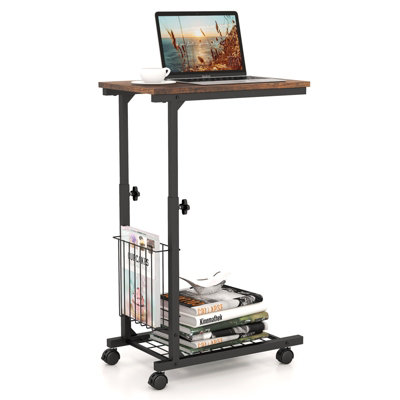 Costway Rolling C-shaped Sofa Side Table Adjustable Overbed Table with Storage Basket