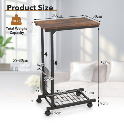Costway Rolling C-shaped Sofa Side Table Adjustable Overbed Table with Storage Basket