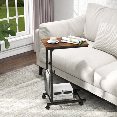 Costway Rolling C-shaped Sofa Side Table Adjustable Overbed Table with Storage Basket