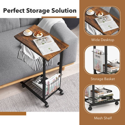 Costway Rolling C-shaped Sofa Side Table Adjustable Overbed Table with Storage Basket