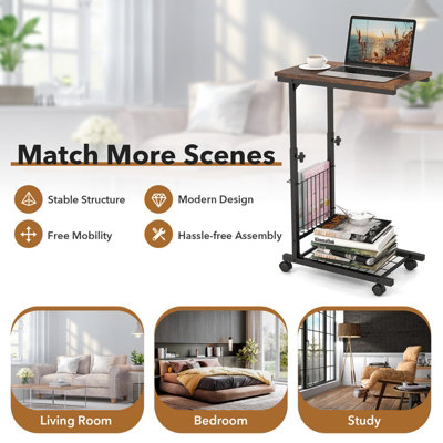 Costway Rolling C-shaped Sofa Side Table Adjustable Overbed Table with Storage Basket