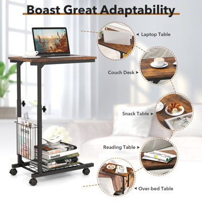 Costway Rolling C-shaped Sofa Side Table Adjustable Overbed Table with Storage Basket