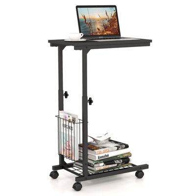 Costway Rolling C-shaped Sofa Side Table Adjustable Overbed Table with Storage Basket