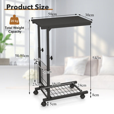 Costway Rolling C-shaped Sofa Side Table Adjustable Overbed Table with Storage Basket