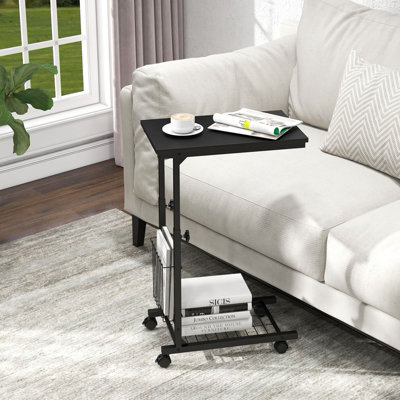 Costway Rolling C-shaped Sofa Side Table Adjustable Overbed Table with Storage Basket