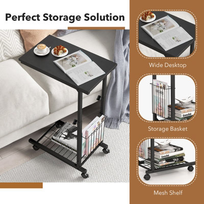 Costway Rolling C-shaped Sofa Side Table Adjustable Overbed Table with Storage Basket