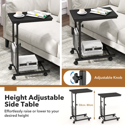 Costway Rolling C-shaped Sofa Side Table Adjustable Overbed Table with Storage Basket